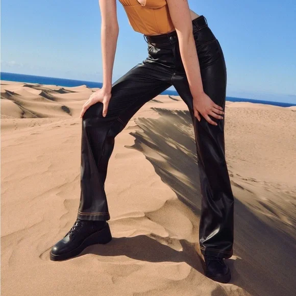 14- NWT XXL Zara | Faux Leather Contrast Stitching Pants black, tan stitching - Picture 11 of 13